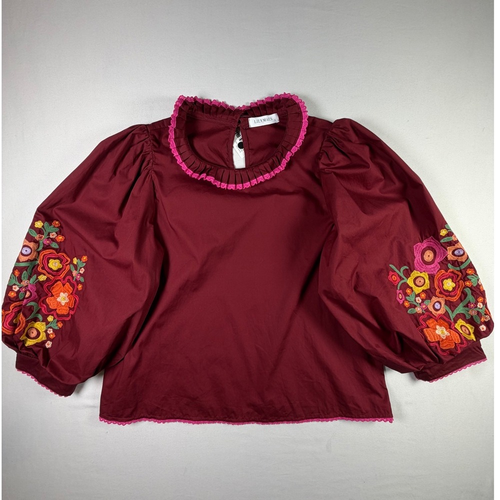 NWT Lilymaes Soren Top Floral Embroidered Puff Sleeve Burgundy Cottagecore S